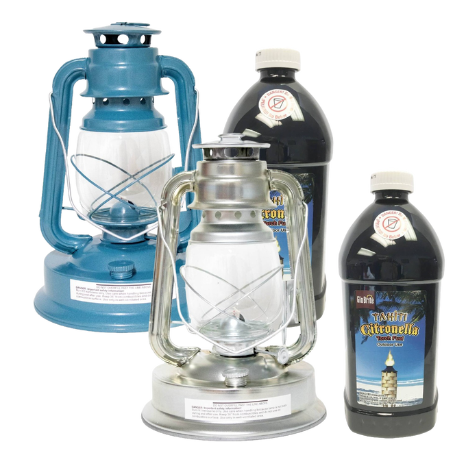 Set of two vintage-style oil lanterns in blue and silver finishes paired with two bottles of citronella fuel, ideal for outdoor pest control in camping, garden, and emergency settings.