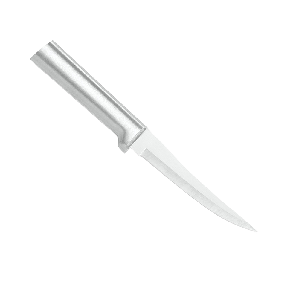 Sleek high carbon stainless steel paring knife with solid aluminum handle, handcrafted in the USA, ideal for precise food prep in kitchen knives and farm tool collections.