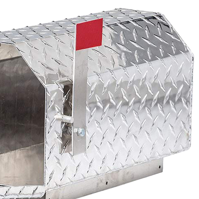 Handcrafted Amish made indestructible mailbox constructed from heavy-duty diamond plate aluminum with a bright red flag, ideal for Home & Decor, Farm, Garden & Tool, and USA Made collections.