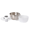 Disassembled OXO Stainless Steel Salad Spinner with brushed metal outer bowl, white plastic basket, and clear locking lid on white background for Kitchen & Food, Kitchen Gadgets, Cooking and Baking Helpers, Best Sellers, Promo Eligible collections.