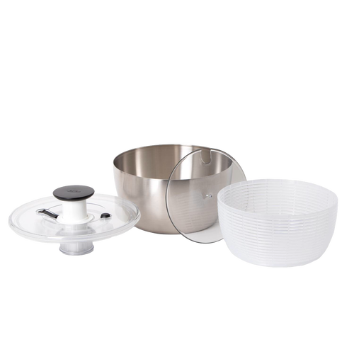 Disassembled OXO Stainless Steel Salad Spinner with brushed metal outer bowl, white plastic basket, and clear locking lid on white background for Kitchen & Food, Kitchen Gadgets, Cooking and Baking Helpers, Best Sellers, Promo Eligible collections.