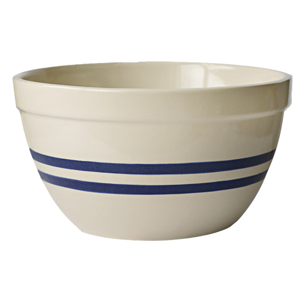 Handcrafted USA-made stoneware bowl with two classic blue stripes, durable and versatile for mixing, baking, serving, perfect for Kitchen & Food, Cookware, Baking Supplies, and Storage collections.
