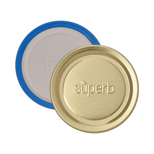 Pair of premium regular mouth canning jar lids featuring a gold-tone metal top with embossed branding and a sealed inner lining, made in USA for food preservation and kitchen use.