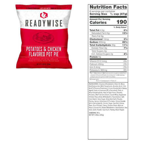 Red and white ReadyWise potatoes and chicken flavored pot pie pouch next to a detailed nutrition facts panel, USA made for emergency supplies, pantry, kitchen, and food storage.