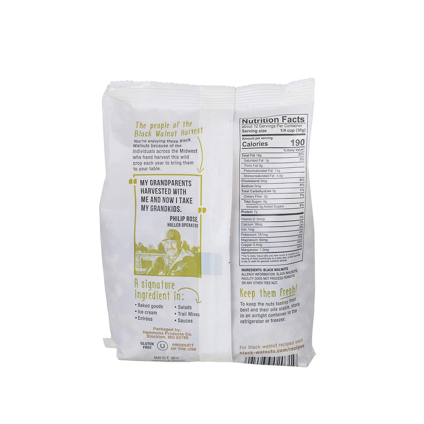 Back of shelled black walnuts package featuring nutrition facts, allergen warning, usage suggestions for baking and salads, and a heritage message from Midwest walnut harvesters, USA made.