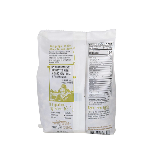 Back of shelled black walnuts package featuring nutrition facts, allergen warning, usage suggestions for baking and salads, and a heritage message from Midwest walnut harvesters, USA made.