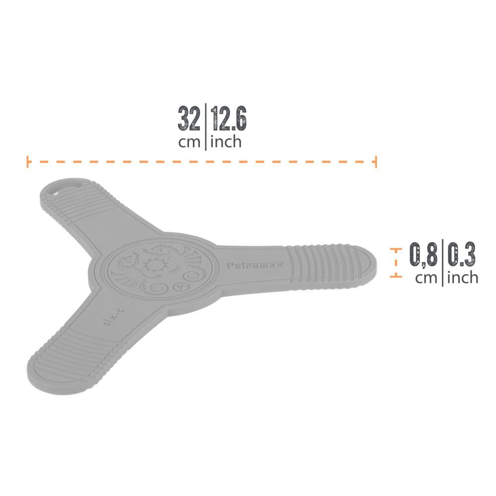 Gray silicone trivet with three arms and textured grips, designed as a non-slip base to hold hot Dutch oven lids and pans safely, ideal for Farm, Garden & Tool, Kitchen & Food, and Camping collections.