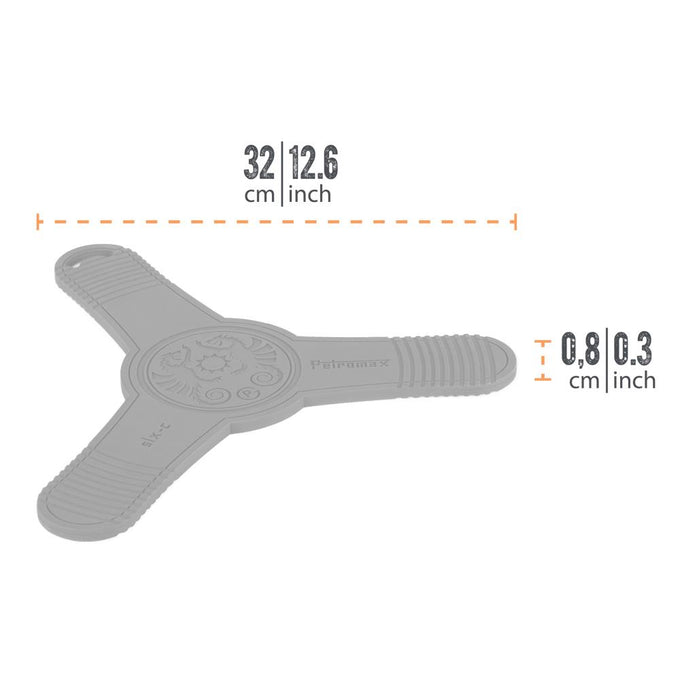 Gray silicone trivet with three arms and textured grips, designed as a non-slip base to hold hot Dutch oven lids and pans safely, ideal for Farm, Garden & Tool, Kitchen & Food, and Camping collections.