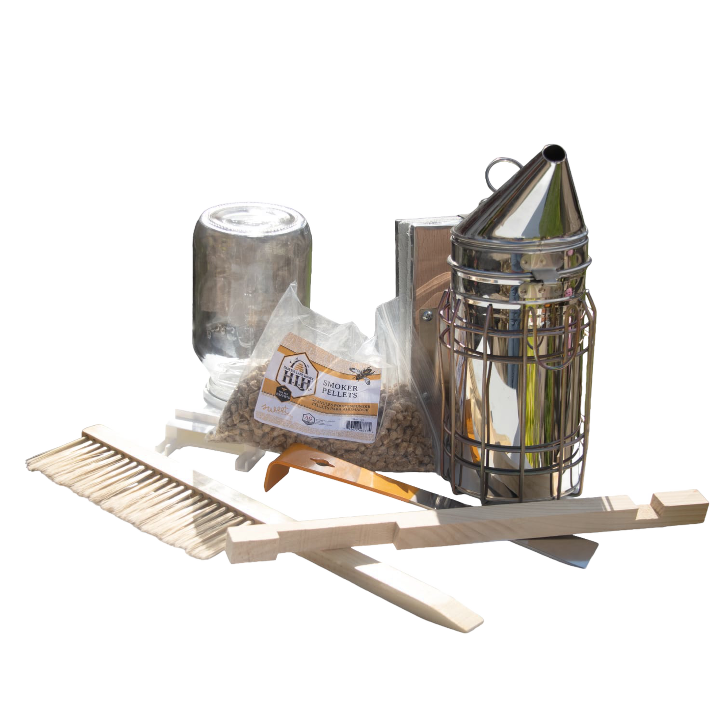Handcrafted beekeeping tools including a smoker, wooden bee brush, frame grip, and bag of smoker pellets, designed for use with 10-frame hives, ideal for Farm, Garden & Tool and Beekeeping Supplies collections.