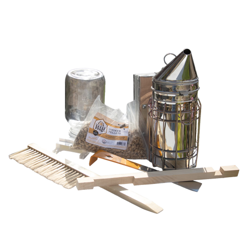 Handcrafted beekeeping tools including a smoker, wooden bee brush, frame grip, and bag of smoker pellets, designed for use with 10-frame hives, ideal for Farm, Garden & Tool and Beekeeping Supplies collections.