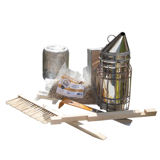 Handcrafted beekeeping tools including a smoker, wooden bee brush, frame grip, and bag of smoker pellets, designed for use with 10-frame hives, ideal for Farm, Garden & Tool and Beekeeping Supplies collections.