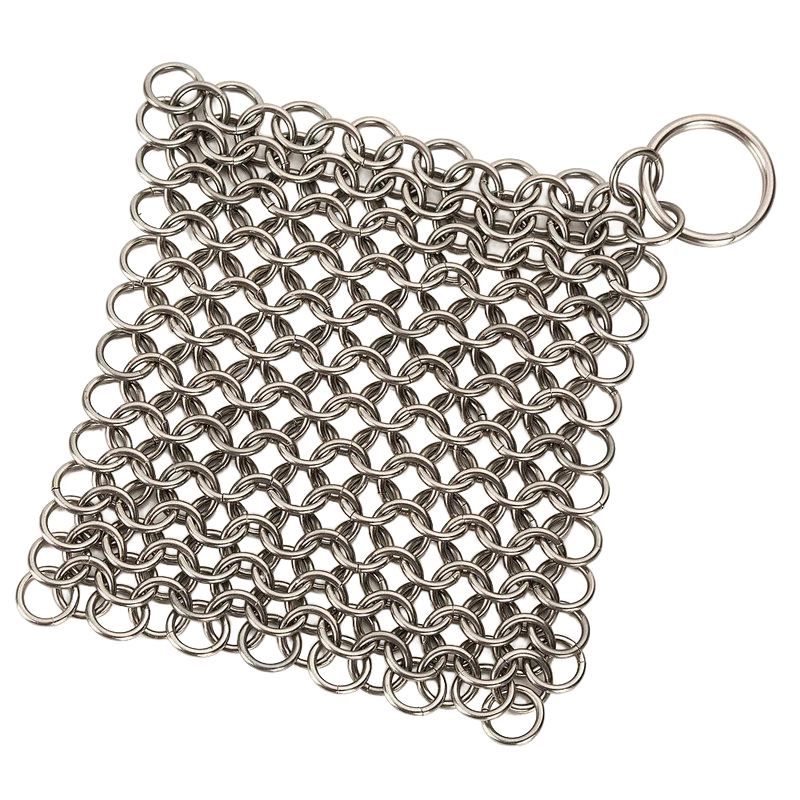 Square stainless steel chainmail scrubber with interlocking rings and a keyring handle, designed for tough cleaning of cast and wrought iron cookware, featured in Home & Decor and Household Cleaning collections.