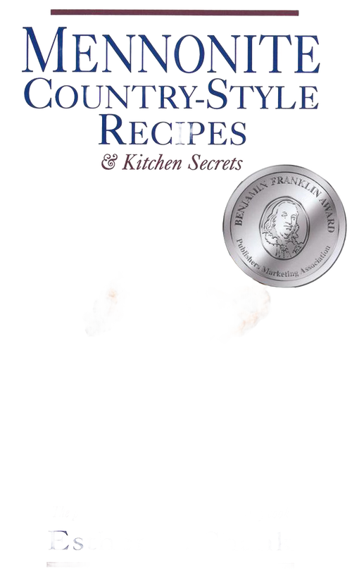 Cover of a cookbook titled "Mennonite Country-Style Recipes & Kitchen Secrets" featuring an award seal and illustrations of homemade baked goods, included in Toys, Books & Games and Heritage and Lifestyle Books.