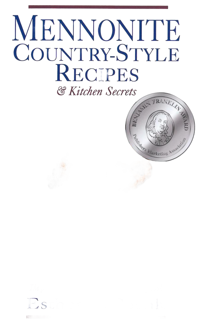 Cover of a cookbook titled "Mennonite Country-Style Recipes & Kitchen Secrets" featuring an award seal and illustrations of homemade baked goods, included in Toys, Books & Games and Heritage and Lifestyle Books.