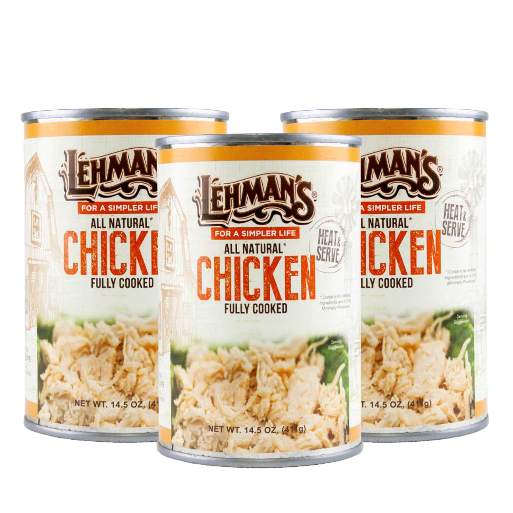 Three cans of Lehman's all natural fully cooked chicken with heat and serve label, suitable for Kitchen & Food, Food, Meats, Best Sellers, and Promo Eligible collections.