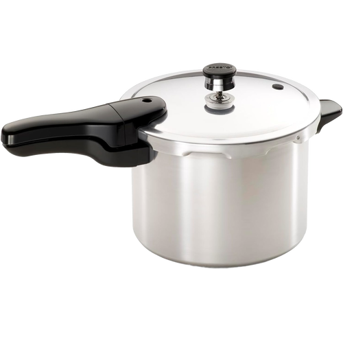 Handcrafted aluminum pressure cooker with a polished finish and black ergonomic handle, ideal for quick, flavorful meals, featured in Kitchen & Food, Cookware, Pots and Pans, Best Sellers, and Promo Eligible collections.