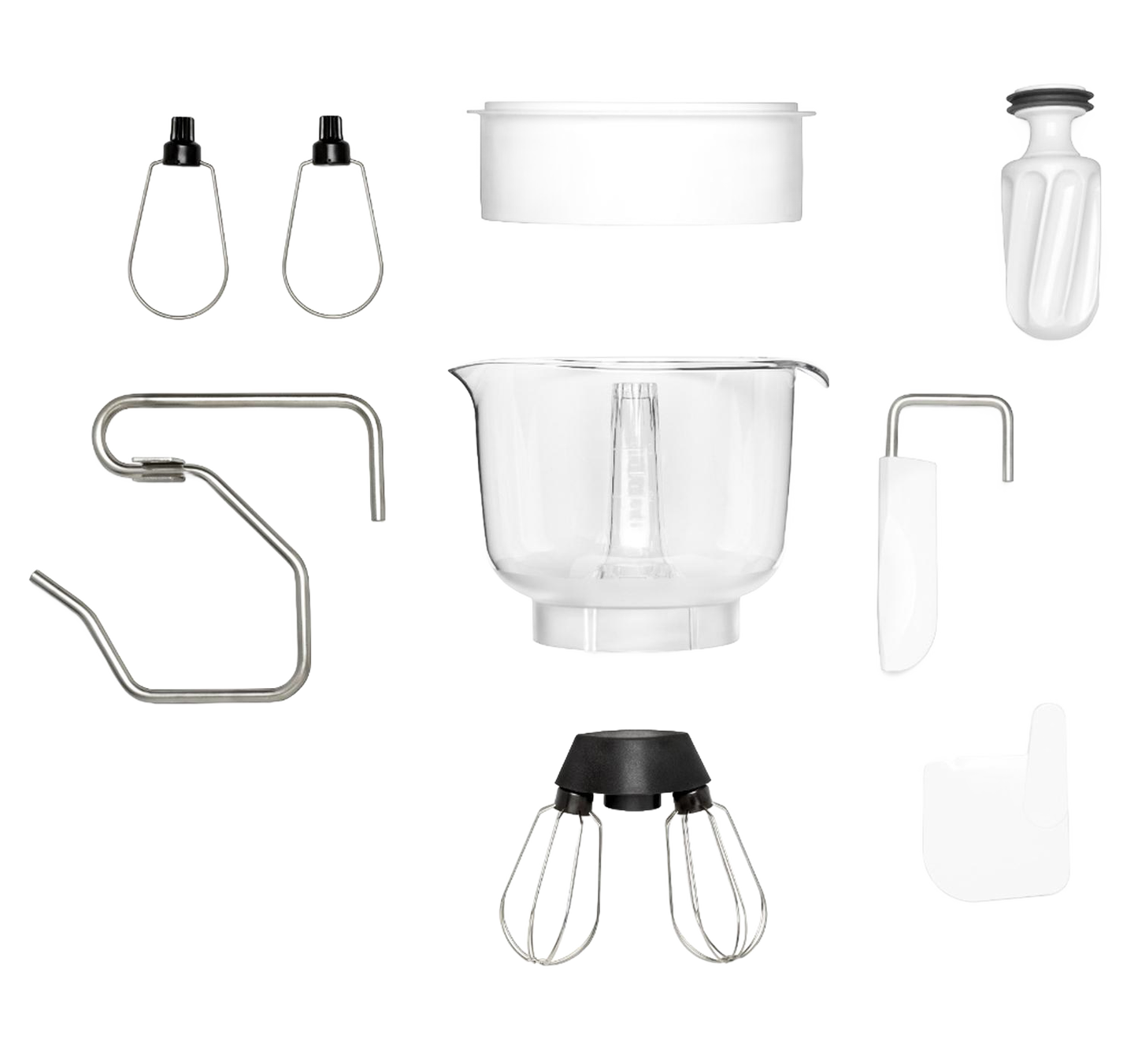 Complete set of stand mixer attachments including stainless steel whisks, dough hook, mixer bowl, scraper, and accessory tools designed for versatile baking and cooking tasks, featured in Kitchen & Food, Cookware, Baking Supplies, and Bread Making collections.