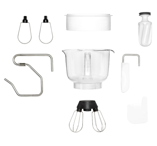 Complete set of stand mixer attachments including stainless steel whisks, dough hook, mixer bowl, scraper, and accessory tools designed for versatile baking and cooking tasks, featured in Kitchen & Food, Cookware, Baking Supplies, and Bread Making collections.