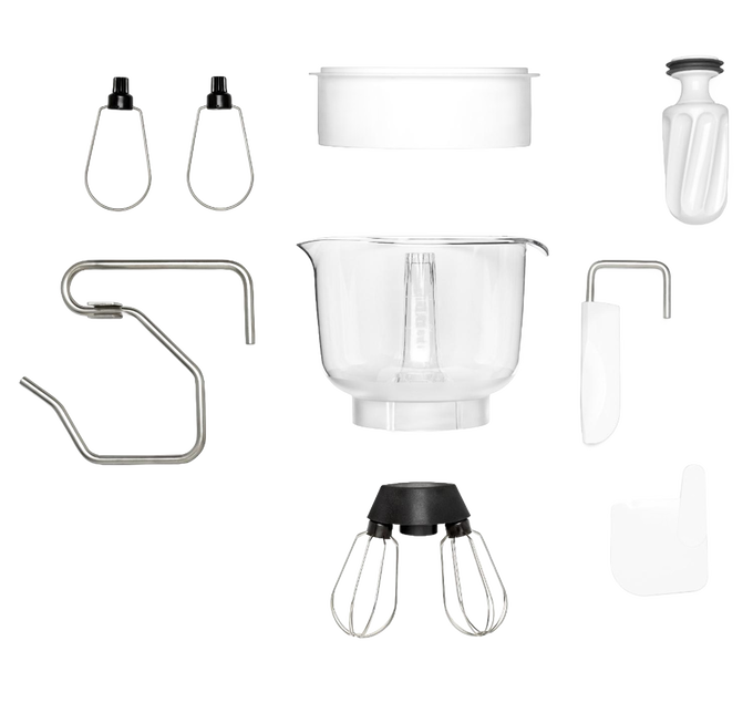 Complete set of stand mixer attachments including stainless steel whisks, dough hook, mixer bowl, scraper, and accessory tools designed for versatile baking and cooking tasks, featured in Kitchen & Food, Cookware, Baking Supplies, and Bread Making collections.