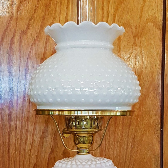 Handcrafted opal hobnail glass oil lamp shade with scalloped ruffled rim, ideal for lamps & lighting, parts and accessories, lamp shades, best sellers, and promo eligible collections.
