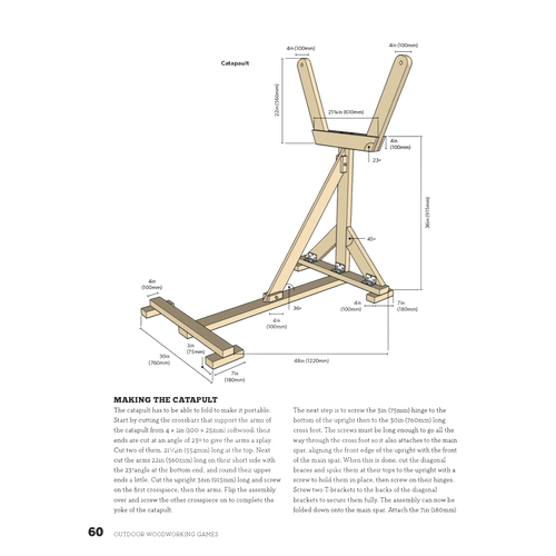 Technical drawing of a wooden sawhorse showing precise measurements and construction details for a handcrafted woodworking project, suitable for home and garden how-to books and best sellers collections.