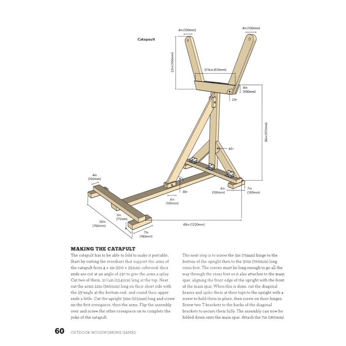 Technical drawing of a wooden sawhorse showing precise measurements and construction details for a handcrafted woodworking project, suitable for home and garden how-to books and best sellers collections.