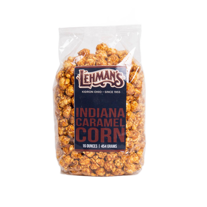 Clear bag of handcrafted Indiana caramel corn by Lehman's, made in USA, featuring a rich and crunchy sweet snack, part of Kitchen & Food, Snacks and Sweets, Popcorn, and Best Sellers collections.