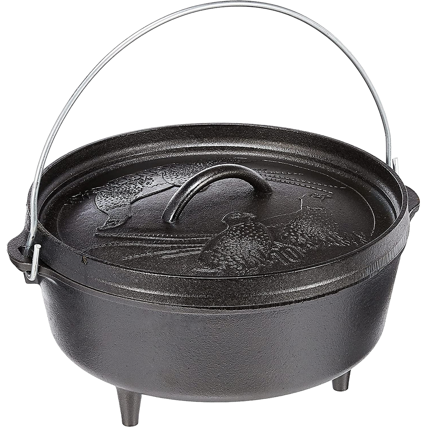 Handcrafted cast iron Dutch oven with wildlife design lid and tripod legs, made in USA, ideal for Kitchen & Food, Cookware, Cast Iron, and Best Sellers collections.