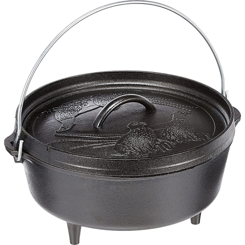 Handcrafted cast iron Dutch oven with wildlife design lid and tripod legs, made in USA, ideal for Kitchen & Food, Cookware, Cast Iron, and Best Sellers collections.