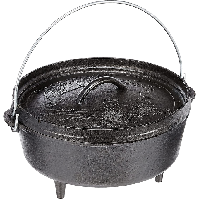 Handcrafted cast iron Dutch oven with wildlife design lid and tripod legs, made in USA, ideal for Kitchen & Food, Cookware, Cast Iron, and Best Sellers collections.