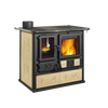 Reverse design wood cook stove with enameled steel front and beige majolica panels, featuring a firebox with visible flames and a small oven window, ideal for Stoves, Cookstoves, Best Sellers, and All Stoves & Appliances collections.