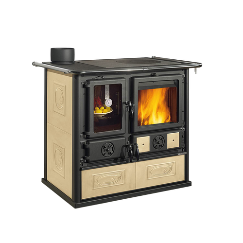 Reverse design wood cook stove with enameled steel front and beige majolica panels, featuring a firebox with visible flames and a small oven window, ideal for Stoves, Cookstoves, Best Sellers, and All Stoves & Appliances collections.