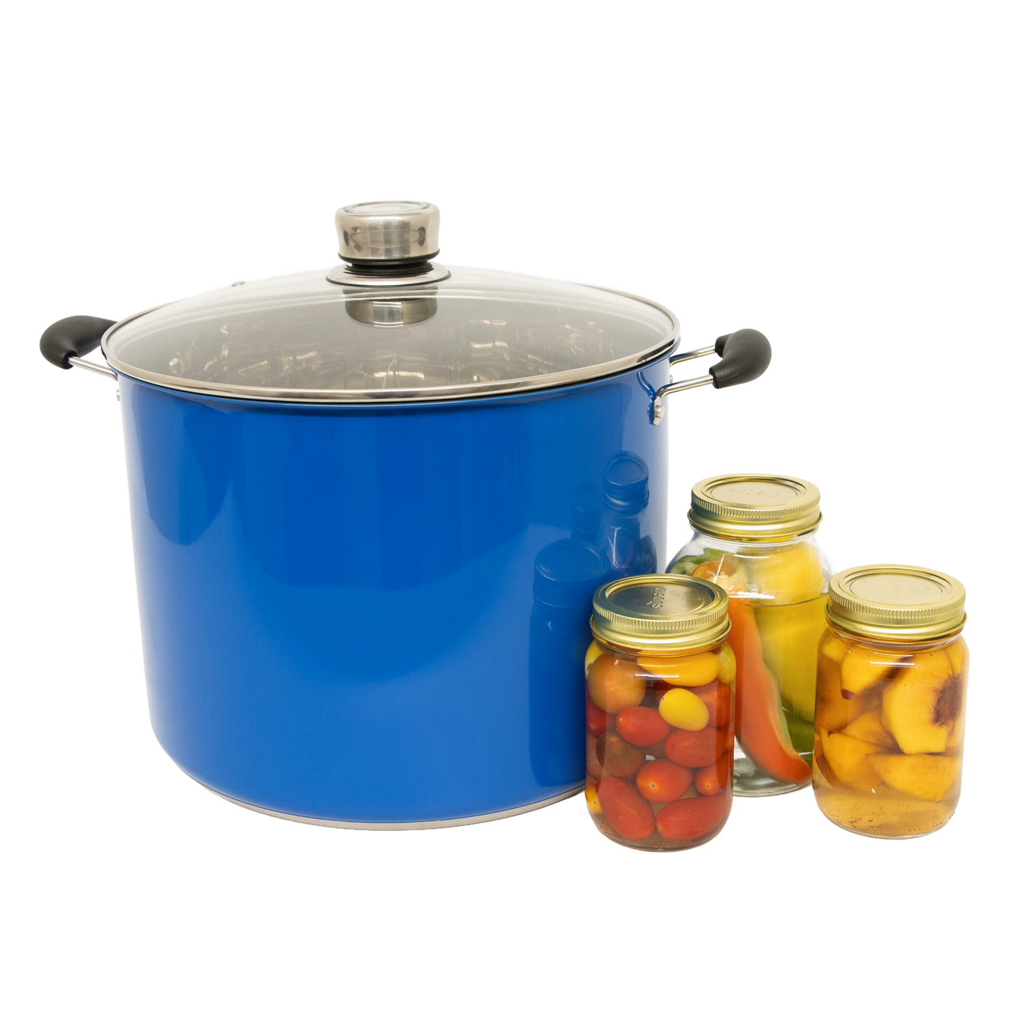 Bright blue durable water bath canner with clear glass lid and black handles, shown alongside three sealed jars of preserved produce, featured in Kitchen & Food and Canning collections.