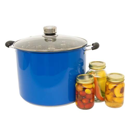 Bright blue durable water bath canner with clear glass lid and black handles, shown alongside three sealed jars of preserved produce, featured in Kitchen & Food and Canning collections.