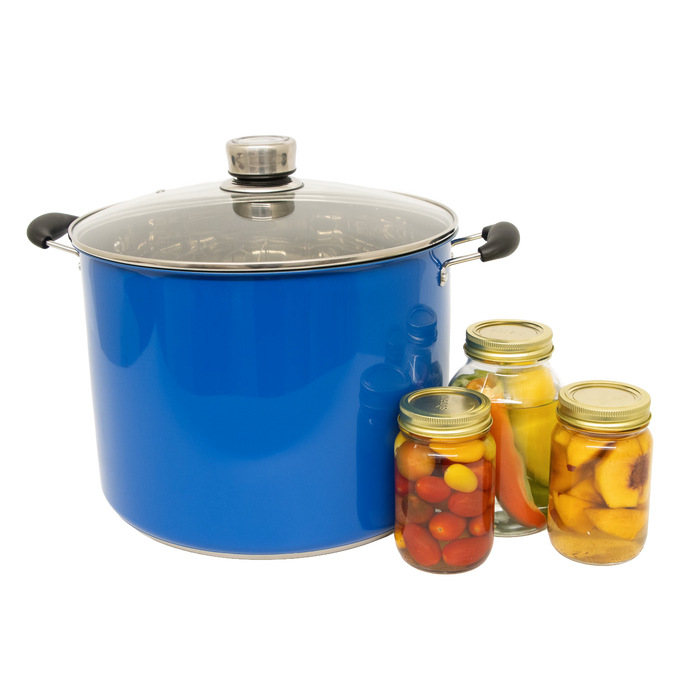 Bright blue durable water bath canner with clear glass lid and black handles, shown alongside three sealed jars of preserved produce, featured in Kitchen & Food and Canning collections.
