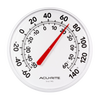 White outdoor thermometer with large black numbers and red needle, water-resistant design, easy to read temperature display in Fahrenheit and Celsius, featured for garden and farm use.