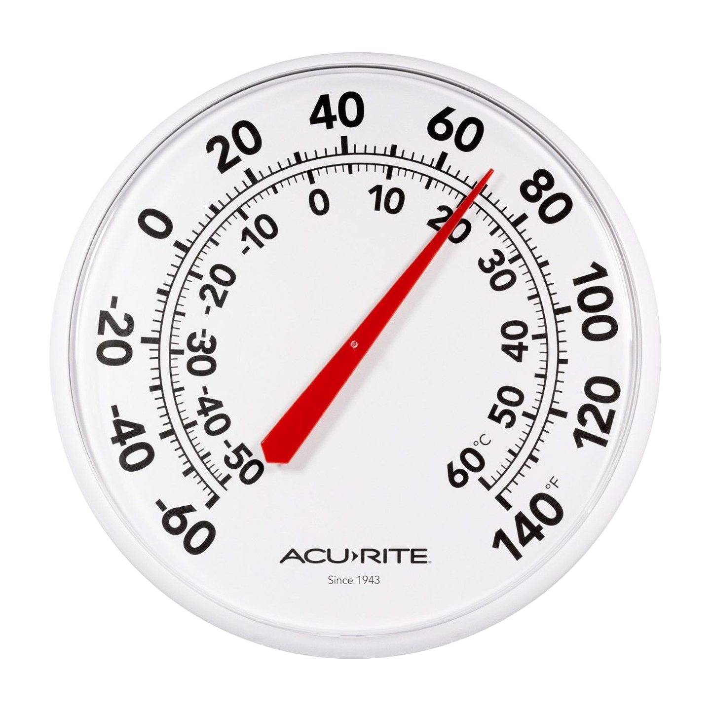 White outdoor thermometer with large black numbers and red needle, water-resistant design, easy to read temperature display in Fahrenheit and Celsius, featured for garden and farm use.