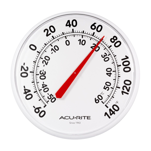 White outdoor thermometer with large black numbers and red needle, water-resistant design, easy to read temperature display in Fahrenheit and Celsius, featured for garden and farm use.
