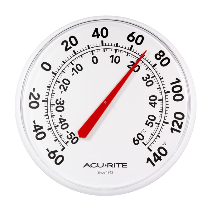 White outdoor thermometer with large black numbers and red needle, water-resistant design, easy to read temperature display in Fahrenheit and Celsius, featured for garden and farm use.