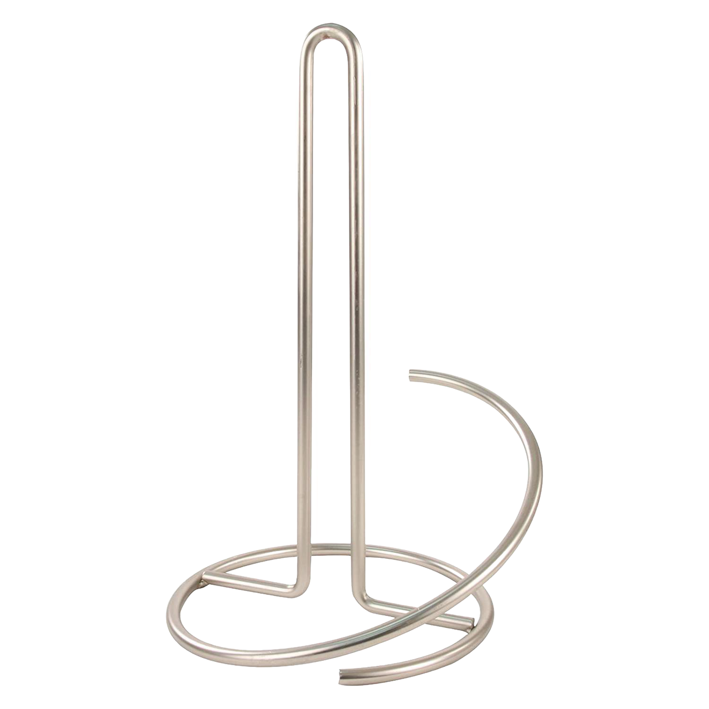 Satin nickel paper towel holder with circular base and curved tear arm, designed to prevent tipping and fit standard to jumbo rolls, featured in Home & Decor and Household Helpers collections.