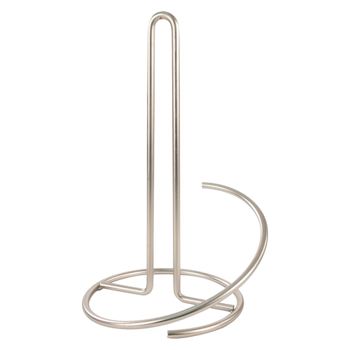 Satin nickel paper towel holder with circular base and curved tear arm, designed to prevent tipping and fit standard to jumbo rolls, featured in Home & Decor and Household Helpers collections.