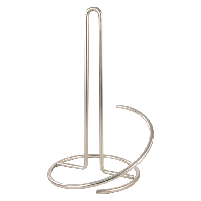 Satin nickel paper towel holder with circular base and curved tear arm, designed to prevent tipping and fit standard to jumbo rolls, featured in Home & Decor and Household Helpers collections.