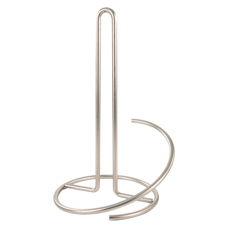 Satin nickel paper towel holder with circular base and curved tear arm, designed to prevent tipping and fit standard to jumbo rolls, featured in Home & Decor and Household Helpers collections.