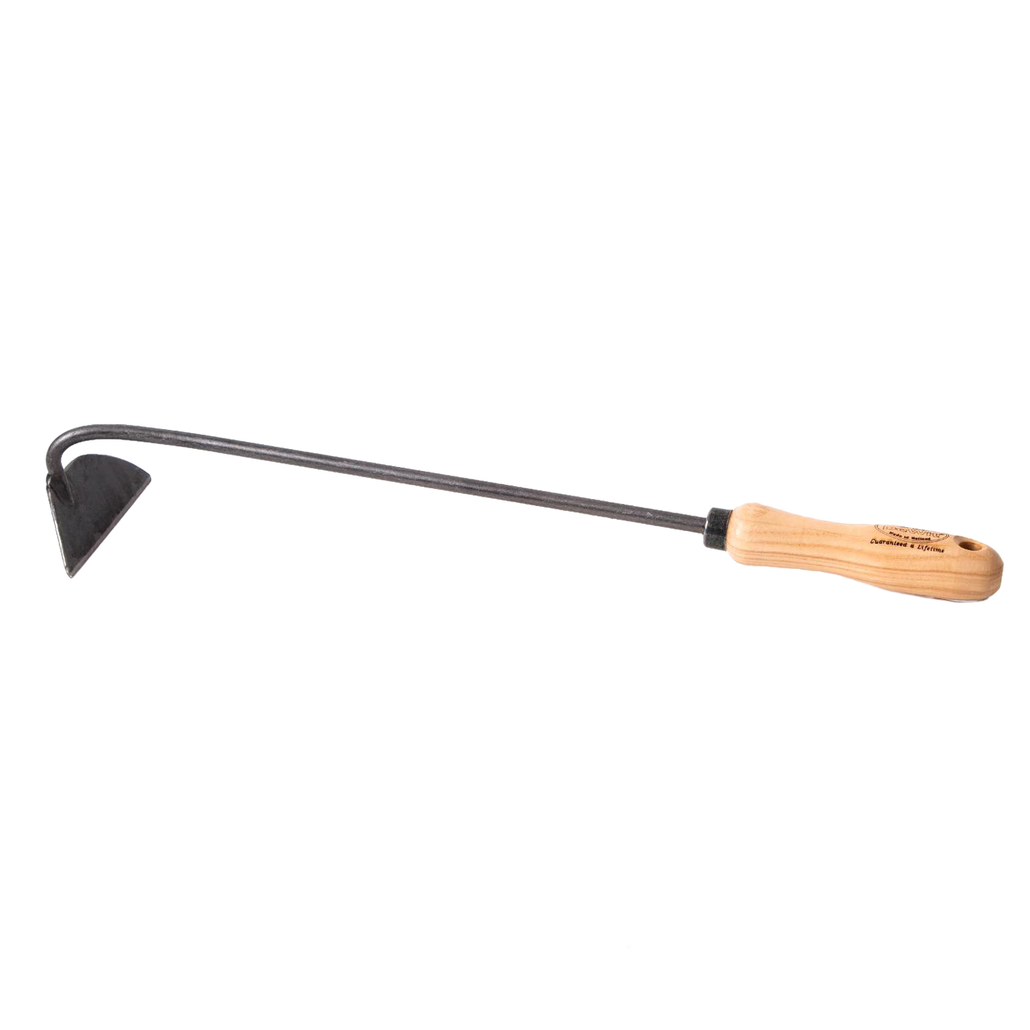 Handcrafted Dutch garden hoe with a forged steel triangular blade and natural wood handle engraved with logo, designed for precise weed removal in dense beds, ideal for Farm, Garden & Tool, Garden Accessories, Best Sellers, and Promo Eligible collections.