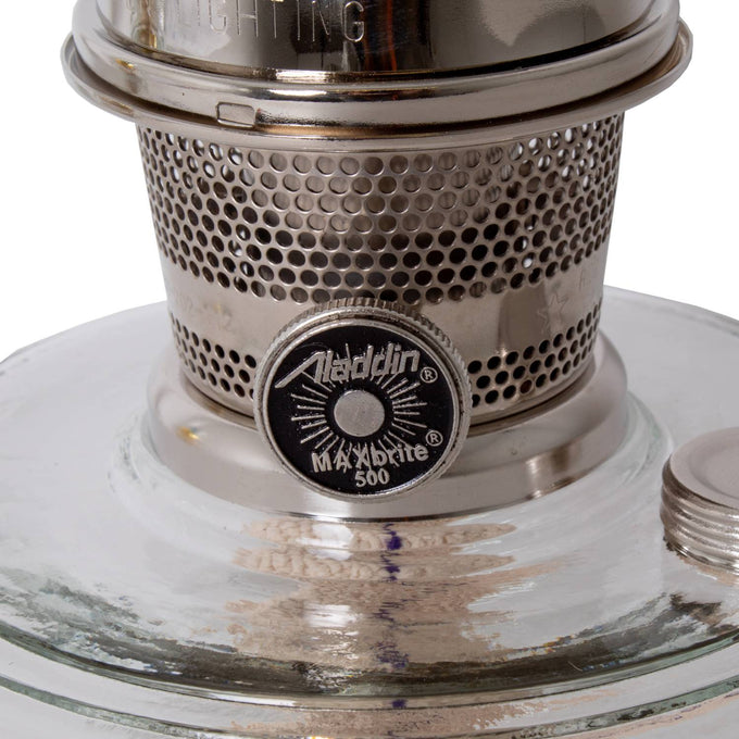 Handcrafted clear glass oil lamp burner featuring a polished metal perforated cover with a branded adjustable wick knob, perfect for Farm, Garden & Tool and Emergency Supplies collections.