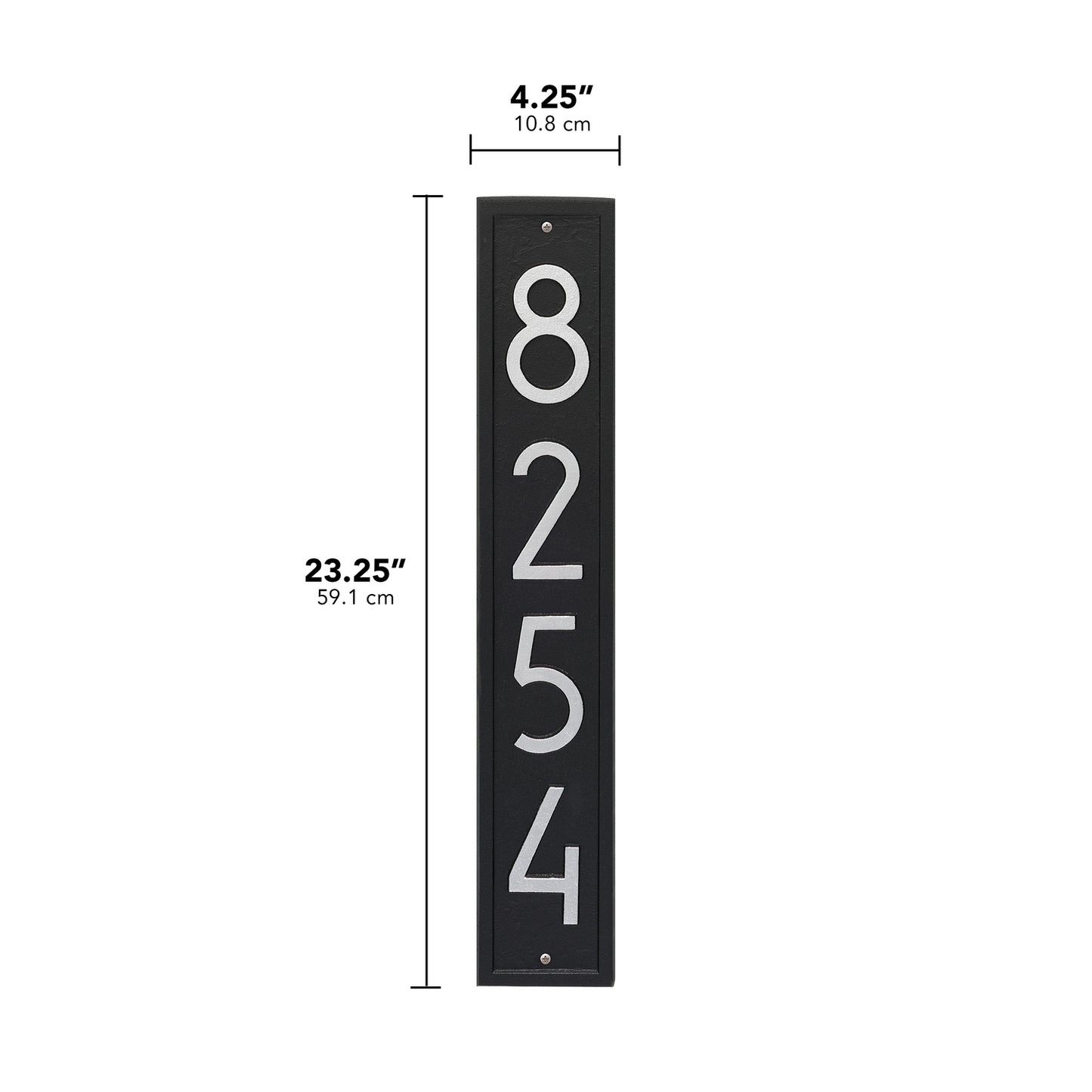 Handcrafted black vertical address plaque with silver contemporary numbers 8254, made in USA, enhancing curb appeal for Home & Decor, Mailboxes and Address Signs, and Best Sellers collections.