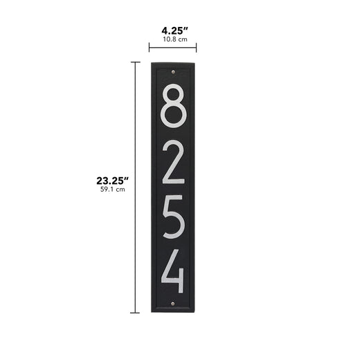 Handcrafted black vertical address plaque with silver contemporary numbers 8254, made in USA, enhancing curb appeal for Home & Decor, Mailboxes and Address Signs, and Best Sellers collections.