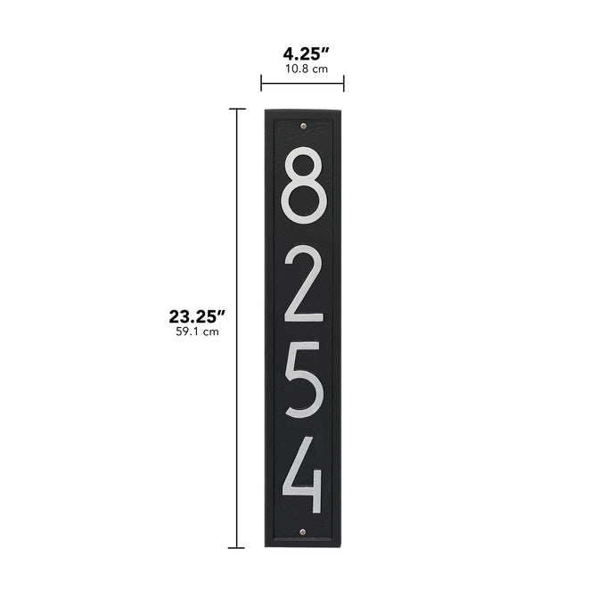 Handcrafted black vertical address plaque with silver contemporary numbers 8254, made in USA, enhancing curb appeal for Home & Decor, Mailboxes and Address Signs, and Best Sellers collections.