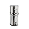 Compact stainless steel gravity water purifier with upper and lower chambers, equipped with two Black Berkey elements and a spigot, ideal for emergency preparedness and travel use.