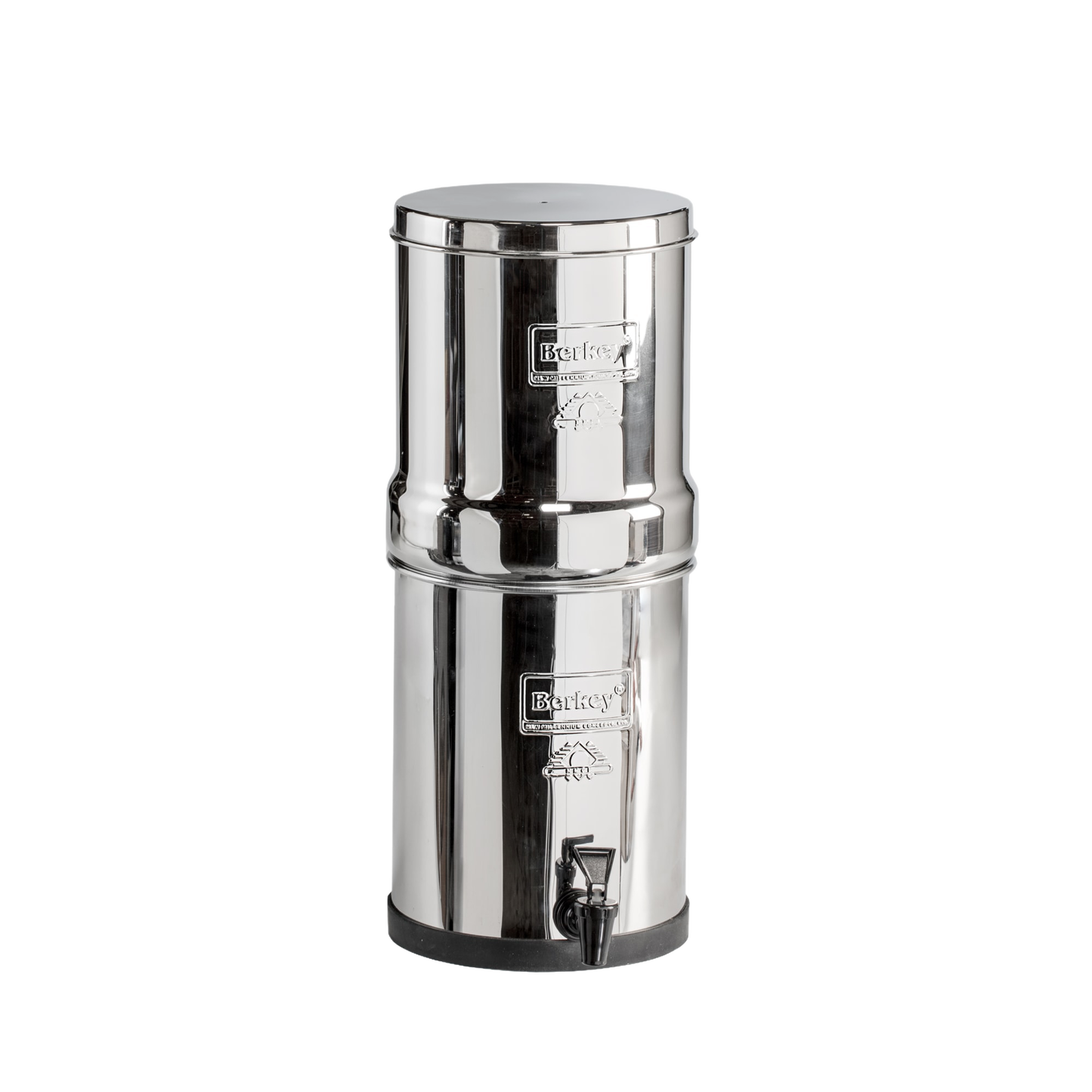 Compact stainless steel gravity water purifier with upper and lower chambers, equipped with two Black Berkey elements and a spigot, ideal for emergency preparedness and travel use.